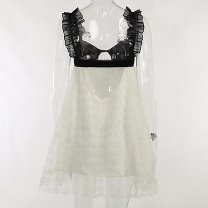 Contrast Bustier Ruffle Strap Babydoll Floral Mesh Mini Dress