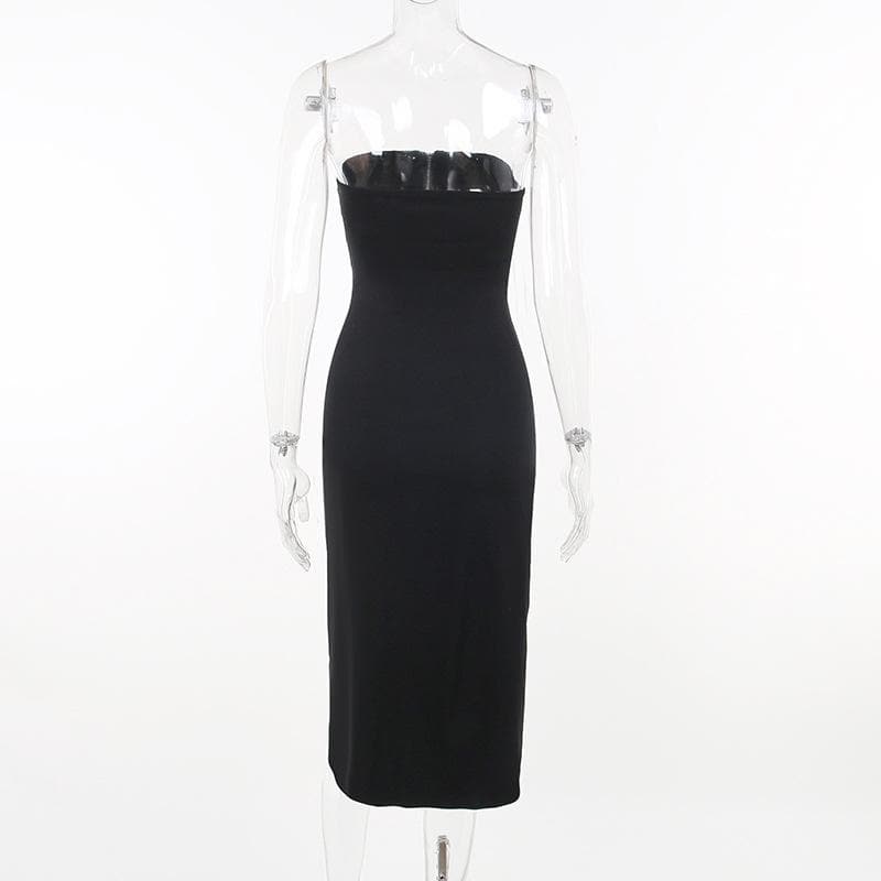 Zip Up Front Slit Strapless Tube Midi Dress