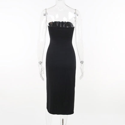 Zip Up Front Slit Strapless Tube Midi Dress