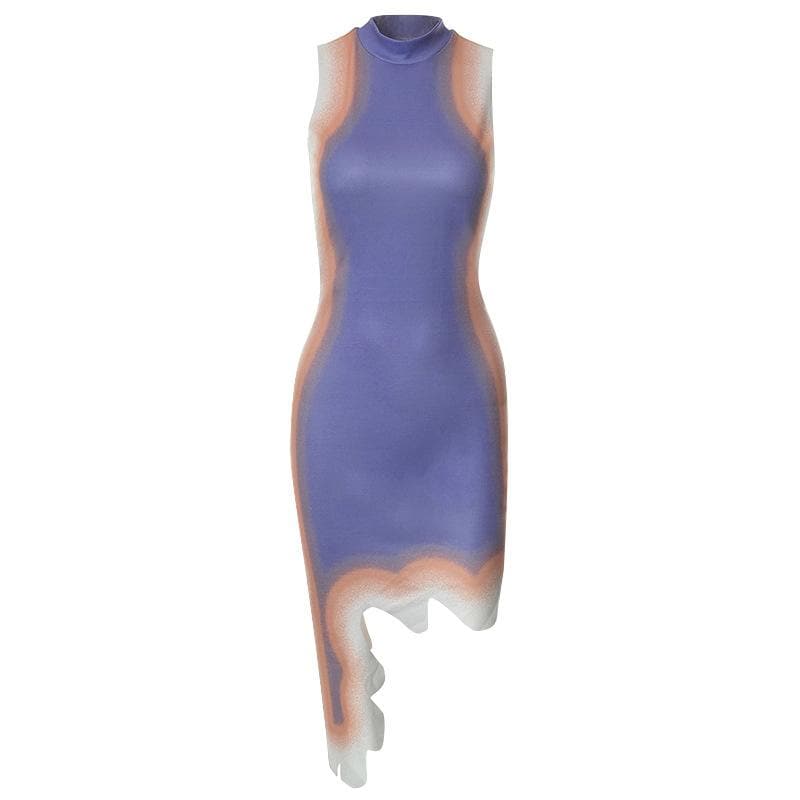 Thermal Print Mock Neck Sleeveless Irregular Hem Bodycon Mini Dress