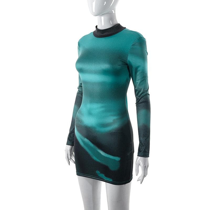 Abstract Print Long Sleeve Self Tie Backless Bodycon Mini Dress
