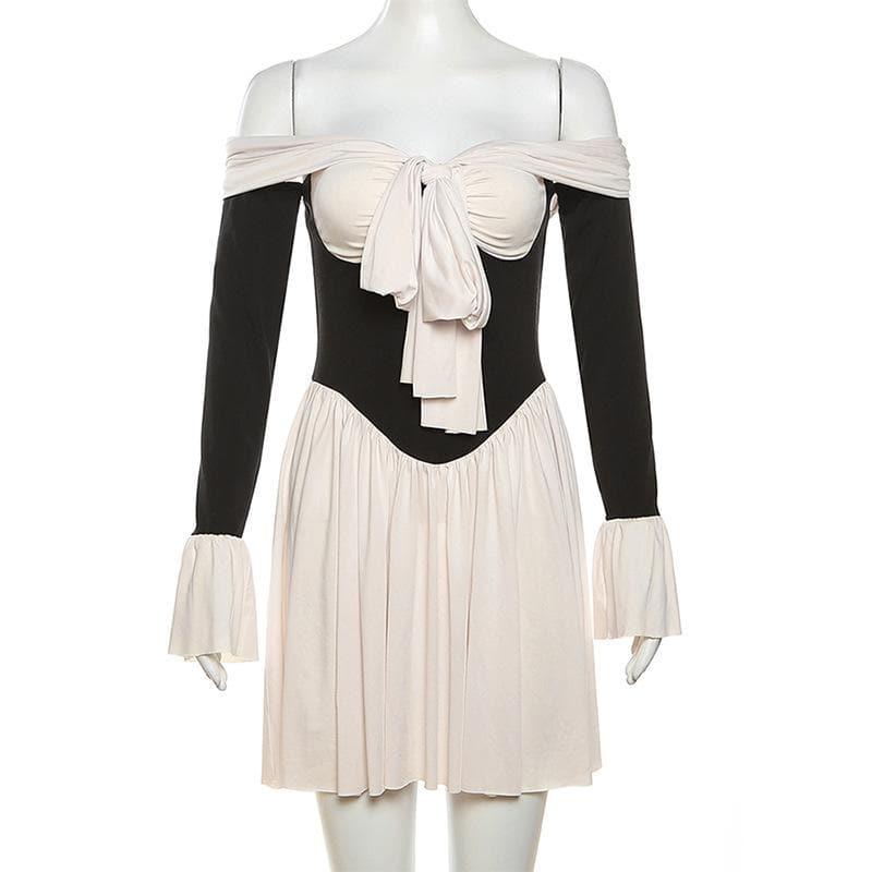 Off Shoulder Sweetheart Ruched Bell Cuff Corset Waist Pleated Mini Dress
