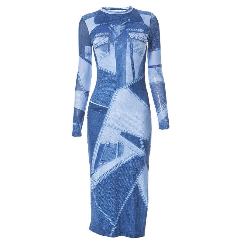 Crew Neck Faux Denim Patchwork Print Long Sleeve Bodycon Midi Dress