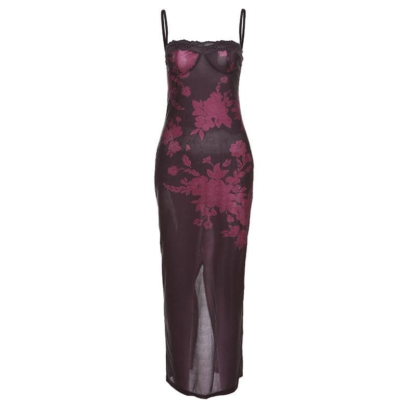 Floral Print Lace Trim Bustier Spaghetti Strap Bodycon Maxi Slip Dress
