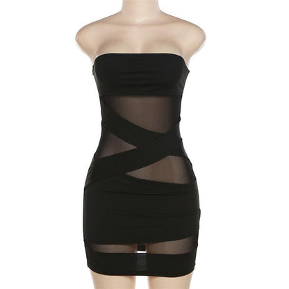 Cross Front Mesh Backless Patchwork Tube Mini Dress