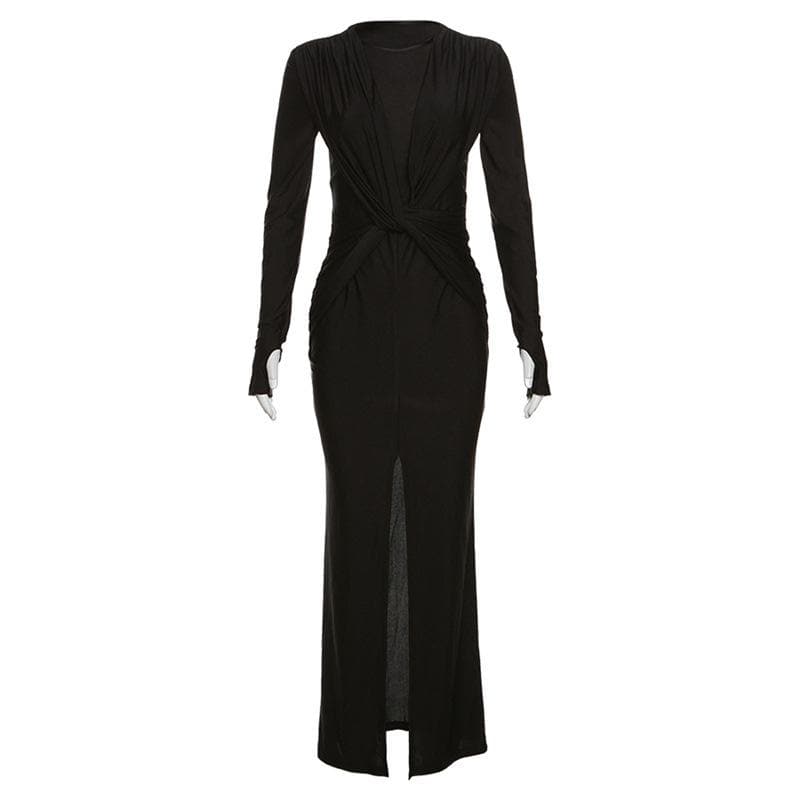 Deep V Twist Front Long Sleeve Ruched Metallic Side Slit Maxi Dress