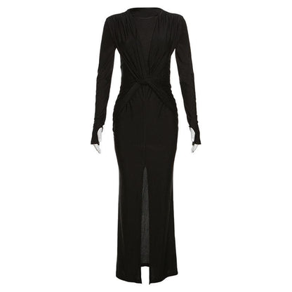 Deep V Twist Front Long Sleeve Ruched Metallic Side Slit Maxi Dress
