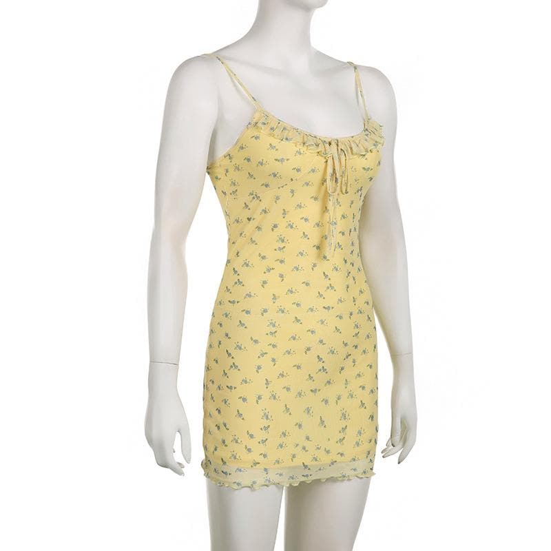 Floral Print Mesh Ruffle Self Tie Cami Mini Dress