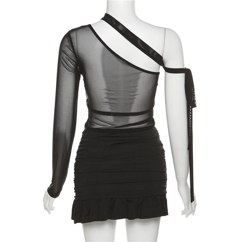 One Shoulder Mesh Bodice Metal Buckle Ruched Low Rise Ruffle Hem Mini Dress