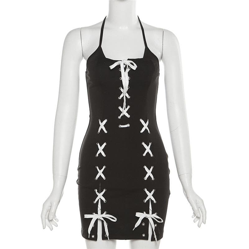 Halter Lace-Up Contrast Panel Slit Mini Dress