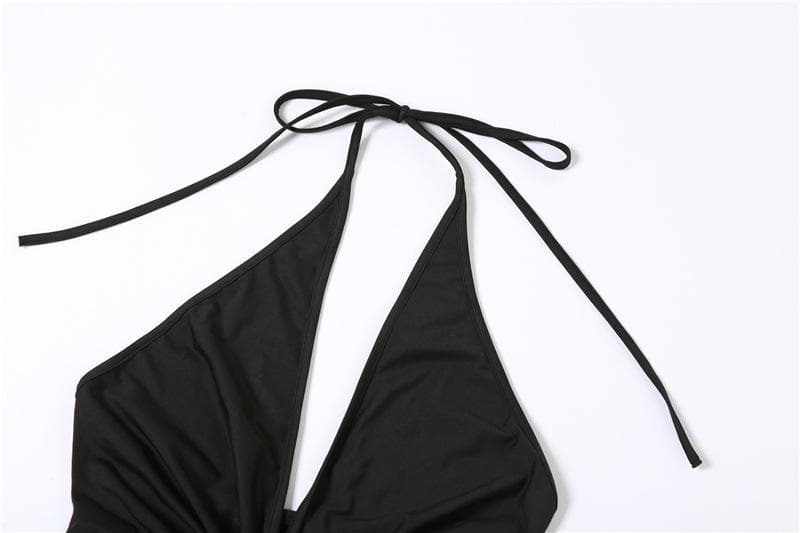 Halter Plunging V Neck Rhinestone Buckle Ruffle Detail Mini Dress