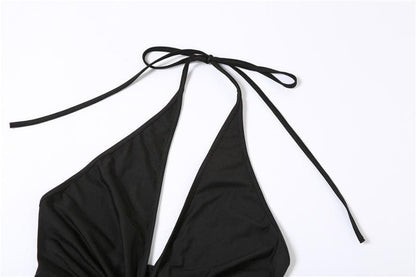 Halter Plunging V Neck Rhinestone Buckle Ruffle Detail Mini Dress