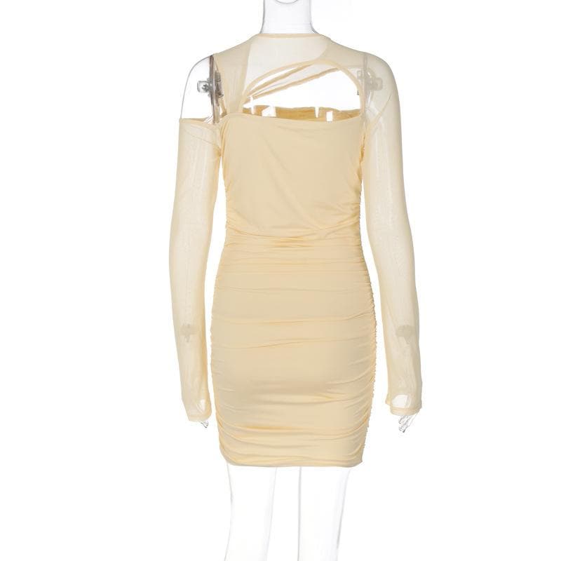 Asymmetric Cutout Crisscross Strap Ruched Mesh Long Sleeve Mini Dress