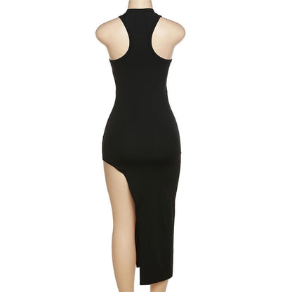 High Neck Sleeveless Center Seam Asymmetric Hem Midi Dress
