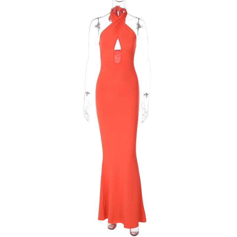 Cross Front Hollow Out Halter Backless Two-Way Maxi Dress