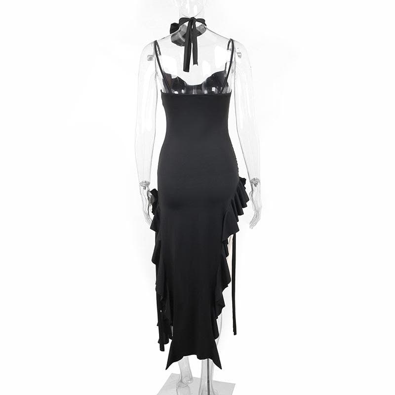 Sweetheart Ruched 3D Applique Asymmetric Ruffle Hem Midi Dress