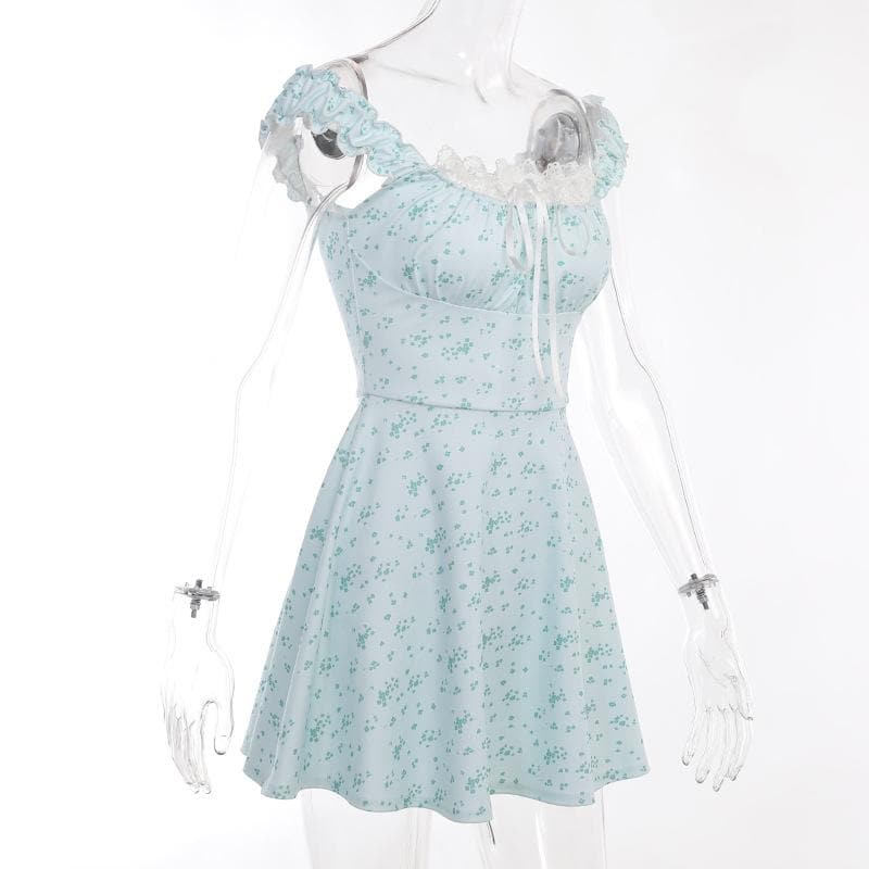 Square Neck Lace Trim Ribbon Bow Ruffle Strap Ditsy Floral Mini Dress