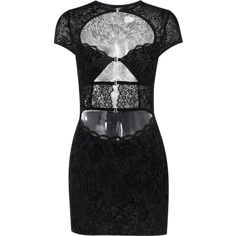 Flocked Butterfly Lace Cutout Buckle Bodycon Mini Dress