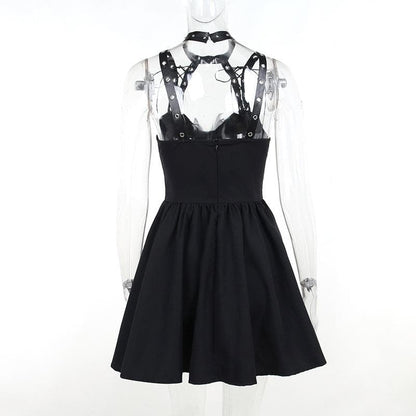 Skeleton Print Studded Choker Halter Grommet Strap Skater Mini Dress