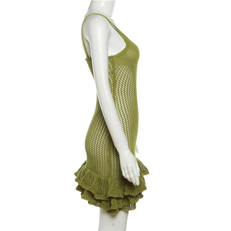 Spaghetti Strap V-Neck Crochet Pointelle Ruffle Lettuce Hem Mini Dress