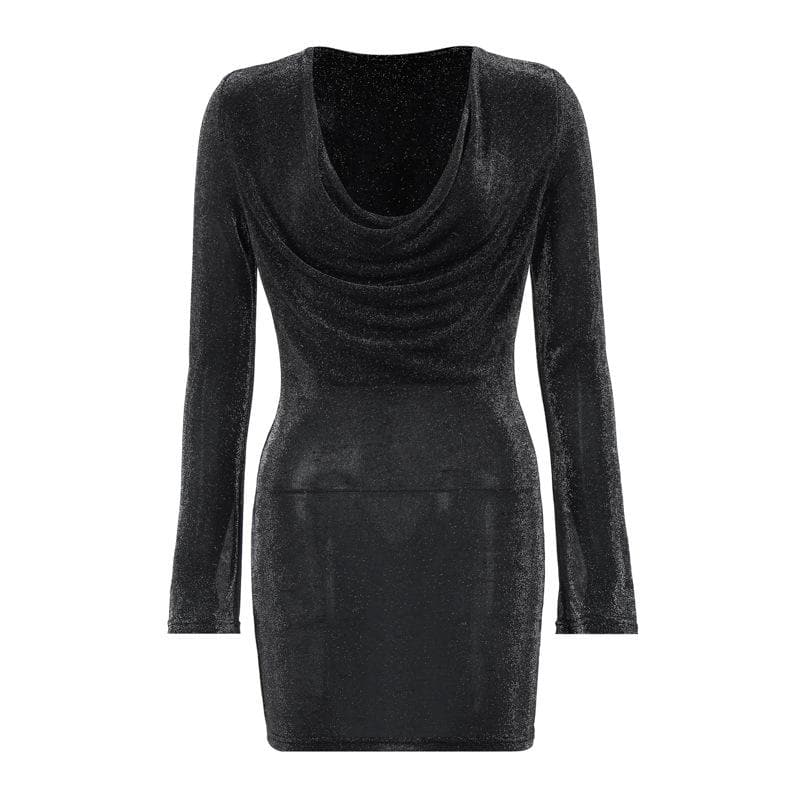Cowl Neck Long Sleeve Metallic Knit Bell Cuff Bodycon Mini Dress