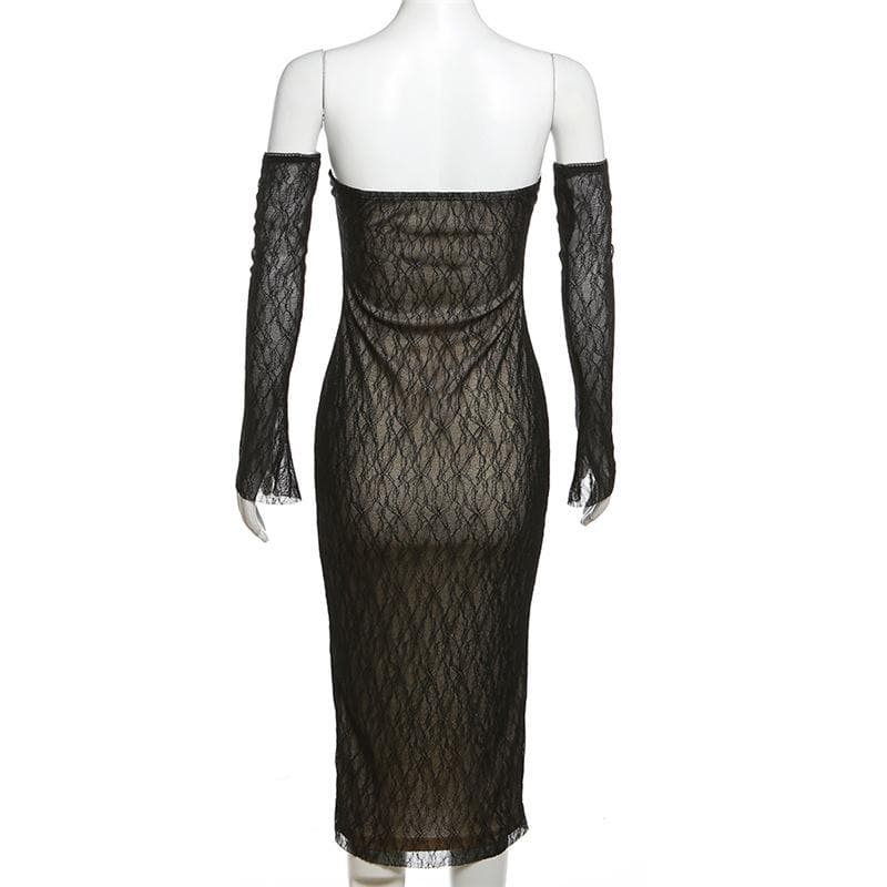 Sweetheart Neck Lace Bustier Tube Midi Dress and Lace Arm Sleeves Set