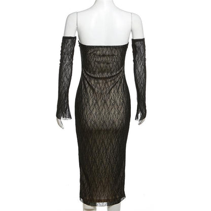 Sweetheart Neck Lace Bustier Tube Midi Dress and Lace Arm Sleeves Set