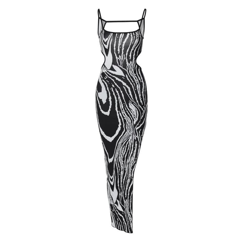 Abstract Marble Print Spaghetti Strap Waist Cutout Bodycon Maxi Dress