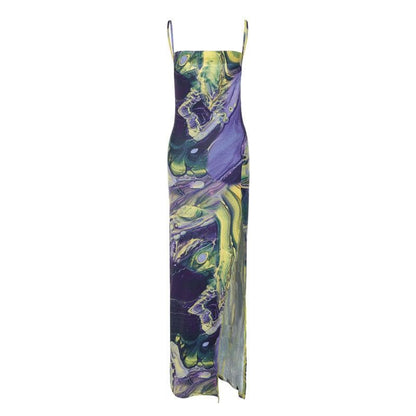 Abstract Marble Print Cowl Neck Spaghetti Strap Side Slit Midi Dress