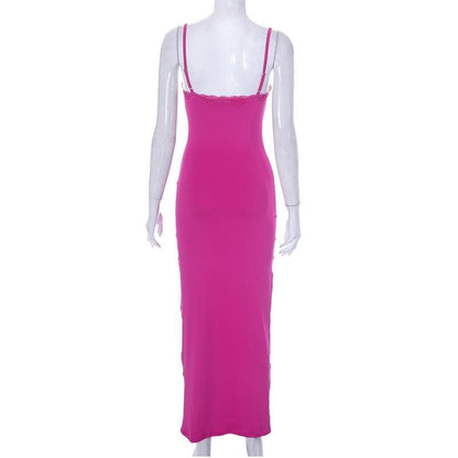 Square Neck Lace Trim Spaghetti Strap Backless Bodycon Maxi Dress