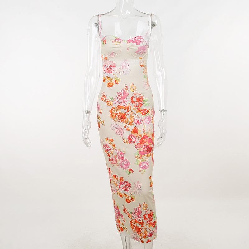 Floral Print Sweetheart Neck Lace Trim Empire Waist Cami Maxi Dress