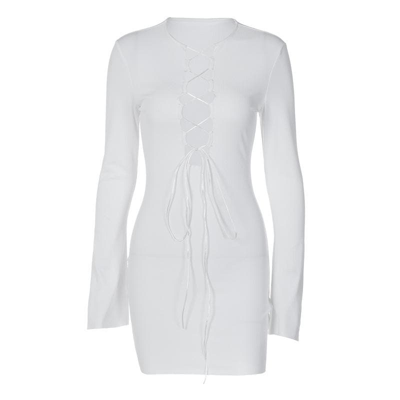 Round Neck Bell Sleeve Ribbed Lace Up Keyhole Chest Mini Dress