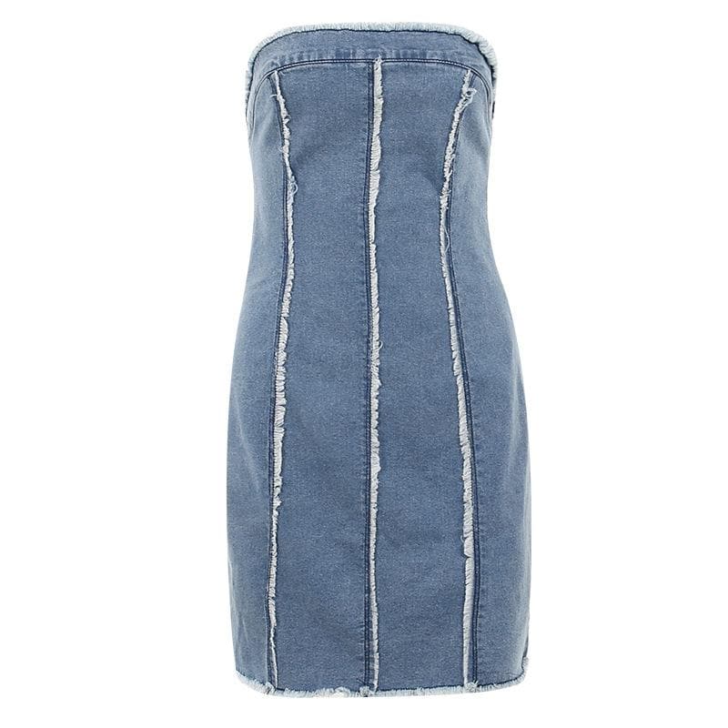 Raw Edge Panel Seam Strapless Denim Tube Mini Dress
