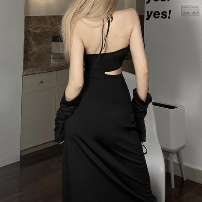 Halter Criss Cross Cutout Long Sleeve Slit Midi Dress