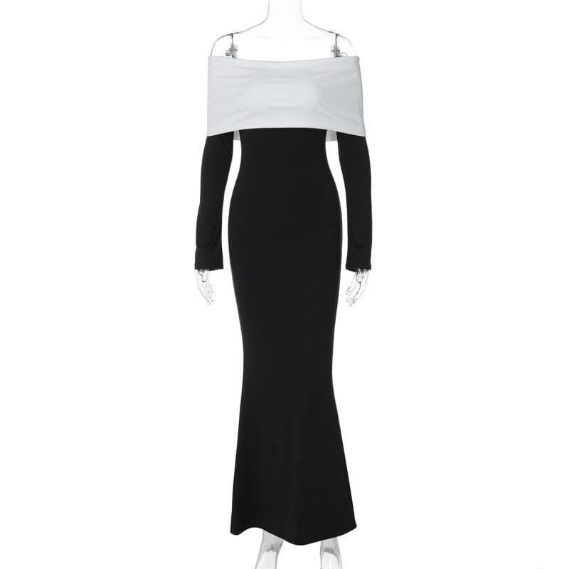 Fold Over Off Shoulder Long Sleeve Bodycon Mermaid Maxi Gown