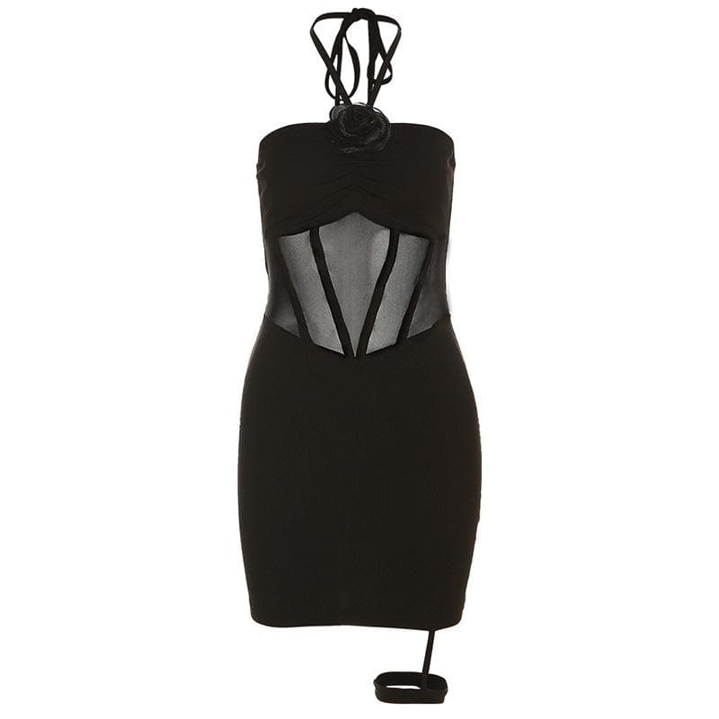 Halter Neck Rosette Applique Corset Mesh Panel Bodycon Mini Dress