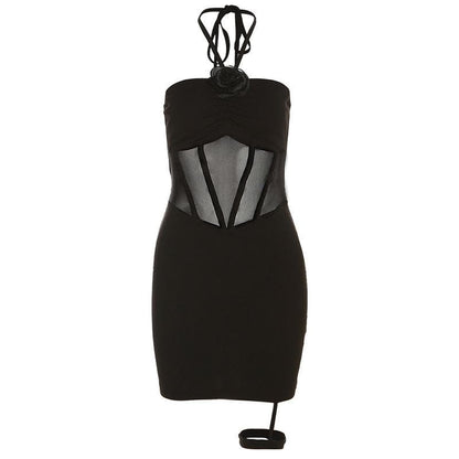 Halter Neck Rosette Applique Corset Mesh Panel Bodycon Mini Dress