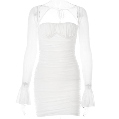 Square Neck Sweetheart Bust Ruched Mesh Bell Sleeve Mini Dress