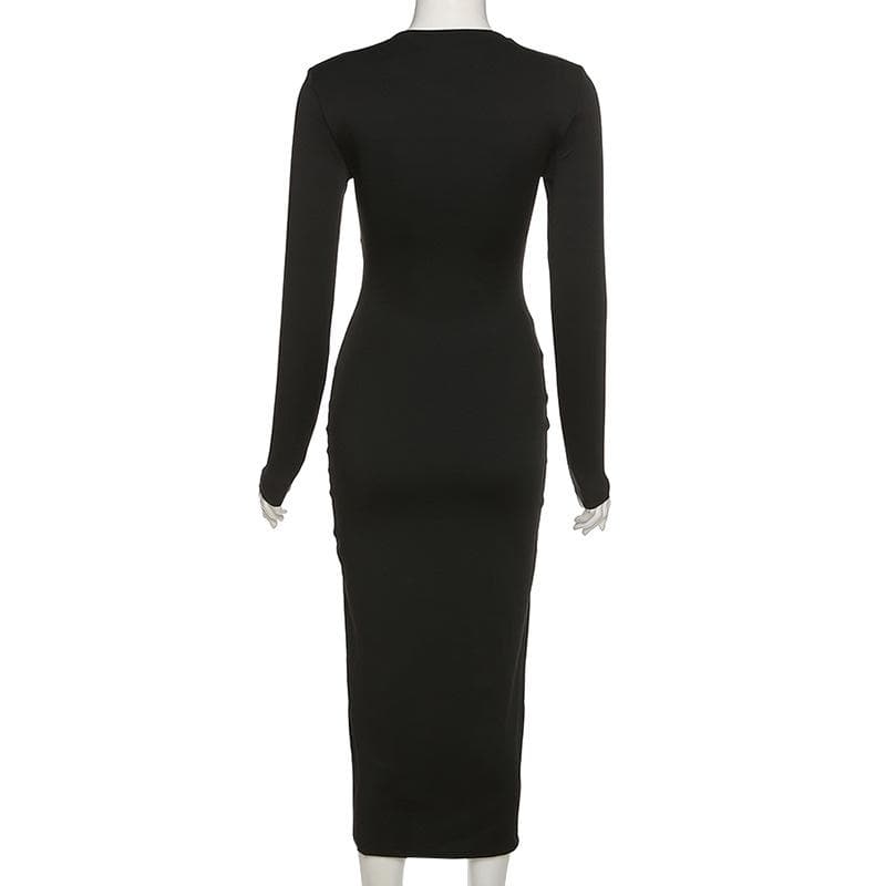 Square Neck Criss Cross Strap Cutout Long Sleeve Side Slit Maxi Dress