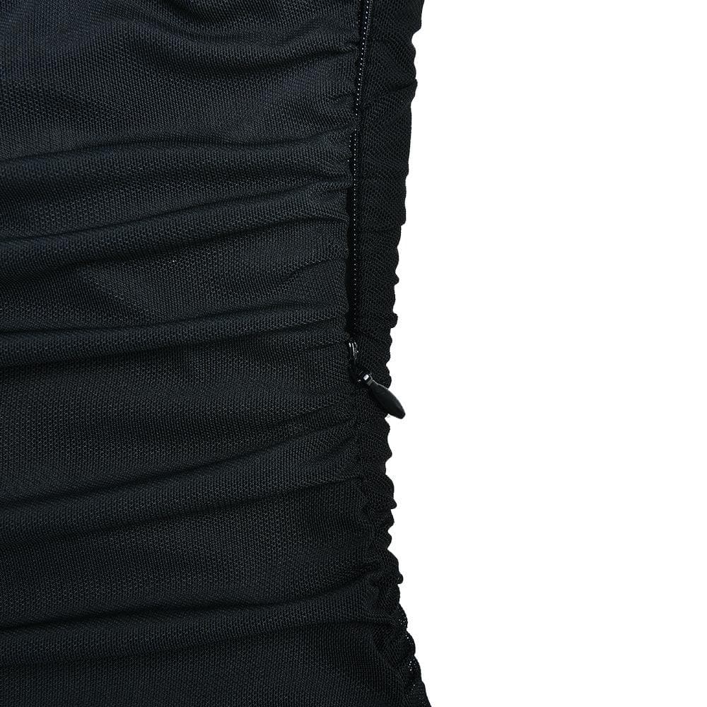 One Shoulder Mesh Panel Ruched Zip Up Mini Dress