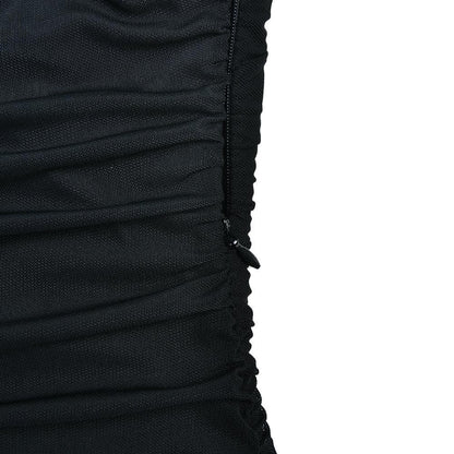 One Shoulder Mesh Panel Ruched Zip Up Mini Dress