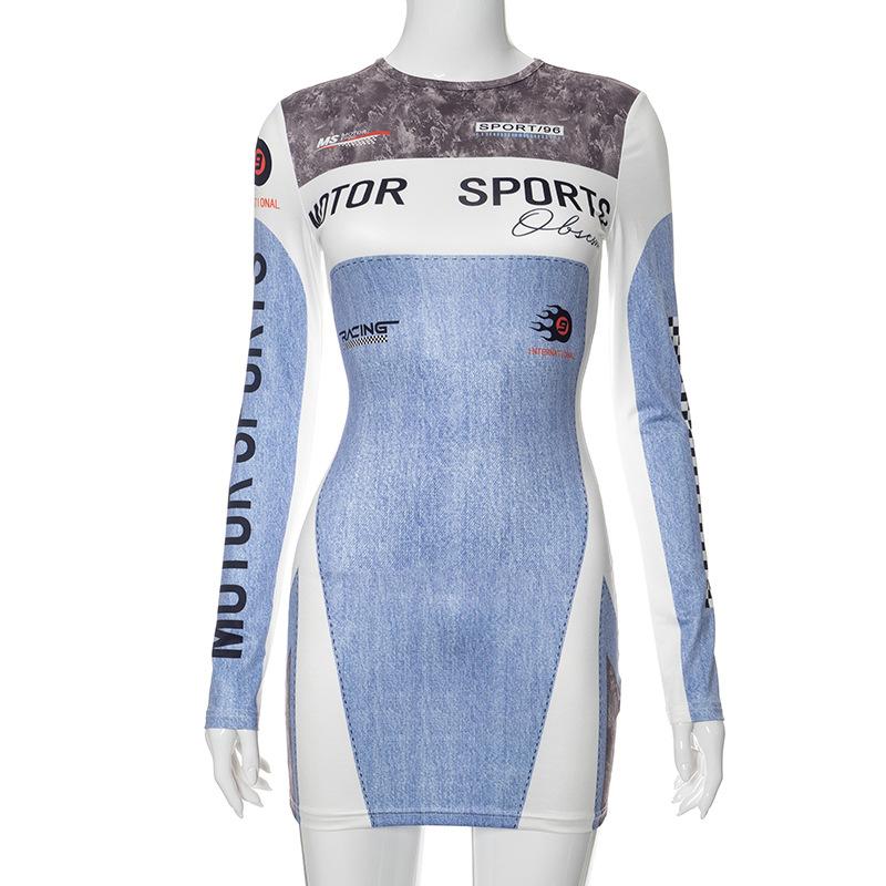 Motorsport Print Long Sleeve Crew Neck Patchwork Bodycon Mini Dress