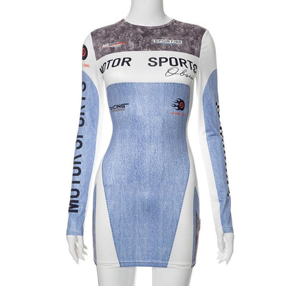 Motorsport Print Long Sleeve Crew Neck Patchwork Bodycon Mini Dress