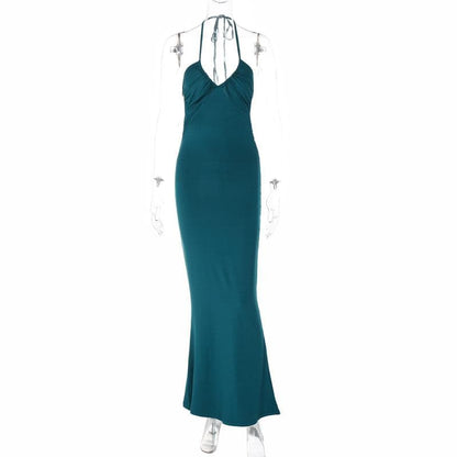 Halter Tie Back Ruched Bust V-Neck Mermaid Maxi Dress