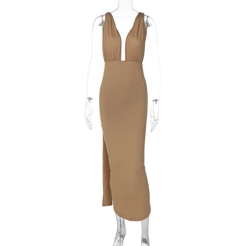 Deep V Neck Wide Strap Waist Tie Ribbon Panel Bodycon Maxi Dress