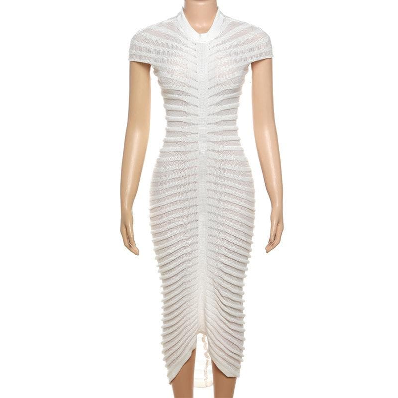 Horizontal Rib Tiered Bandage Mock Neck Cap Sleeve Midi Dress