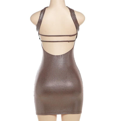 Halter Sweetheart Neck Grid Mesh Bodycon Mini Dress