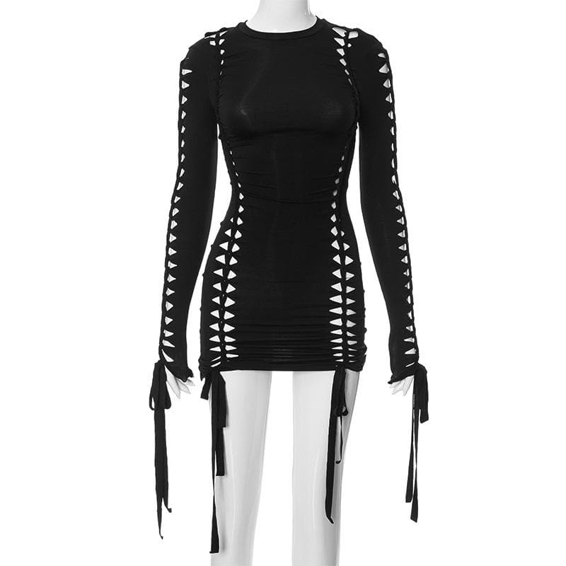 Crew Neck Long Sleeve Ladder Cutout Ruched Tie Hem Mini Dress