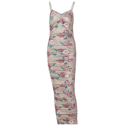 V-Neck Spaghetti Strap Floral Print Ruched Bodycon Midi Dress