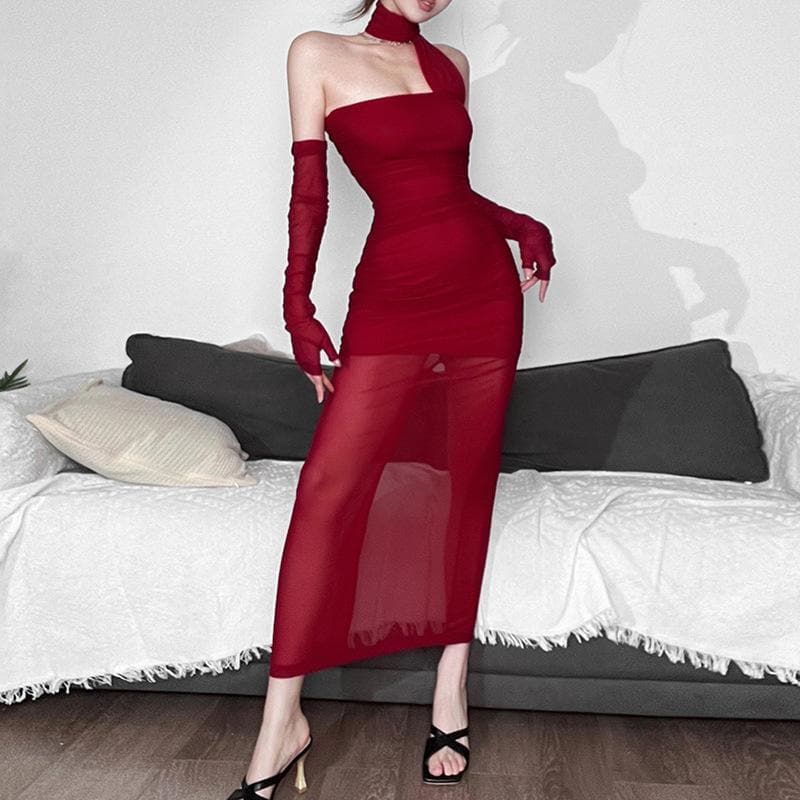 One Shoulder Ruched Mesh Overlay Column Maxi Dress with Opera Gloves Set